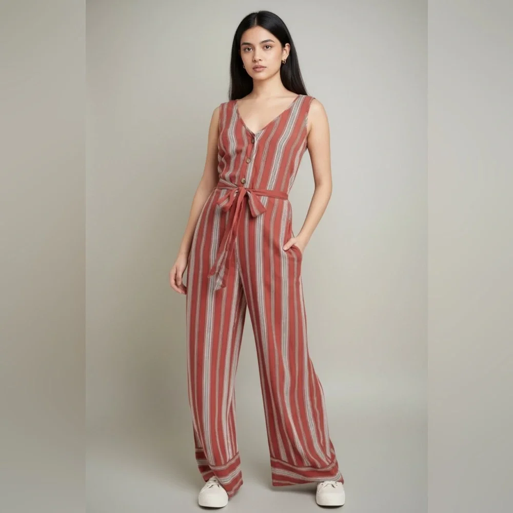 Xhilaration Terracotta Striped Sleeveless V neck button up wide leg jumpsuit‎ L